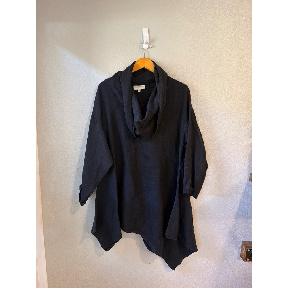 Bryn Walker Tunic Women Large Black Linen Cowl Neck Asymmetric Lagenlook Top - Picture 2 of 10